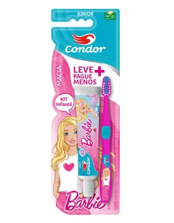 KIT ESCOVA DENTAL JUNIOR+GEL DENTAL COM FLUOR TUTTI FRUTTI 50G BARBIE